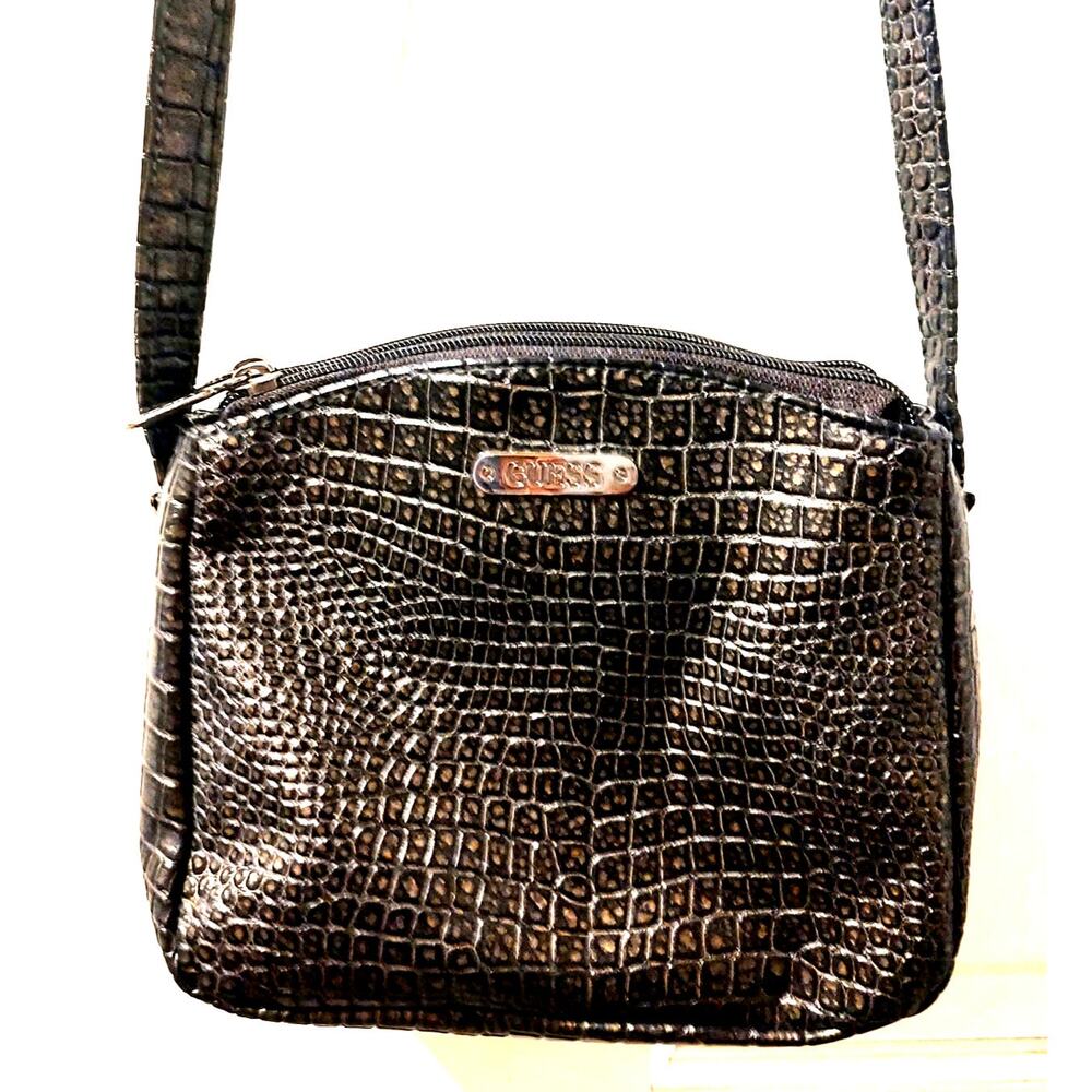 GUESS - Metallic Shimmer Over Black, Faux Leather Croc Embossed Crossbody, Small